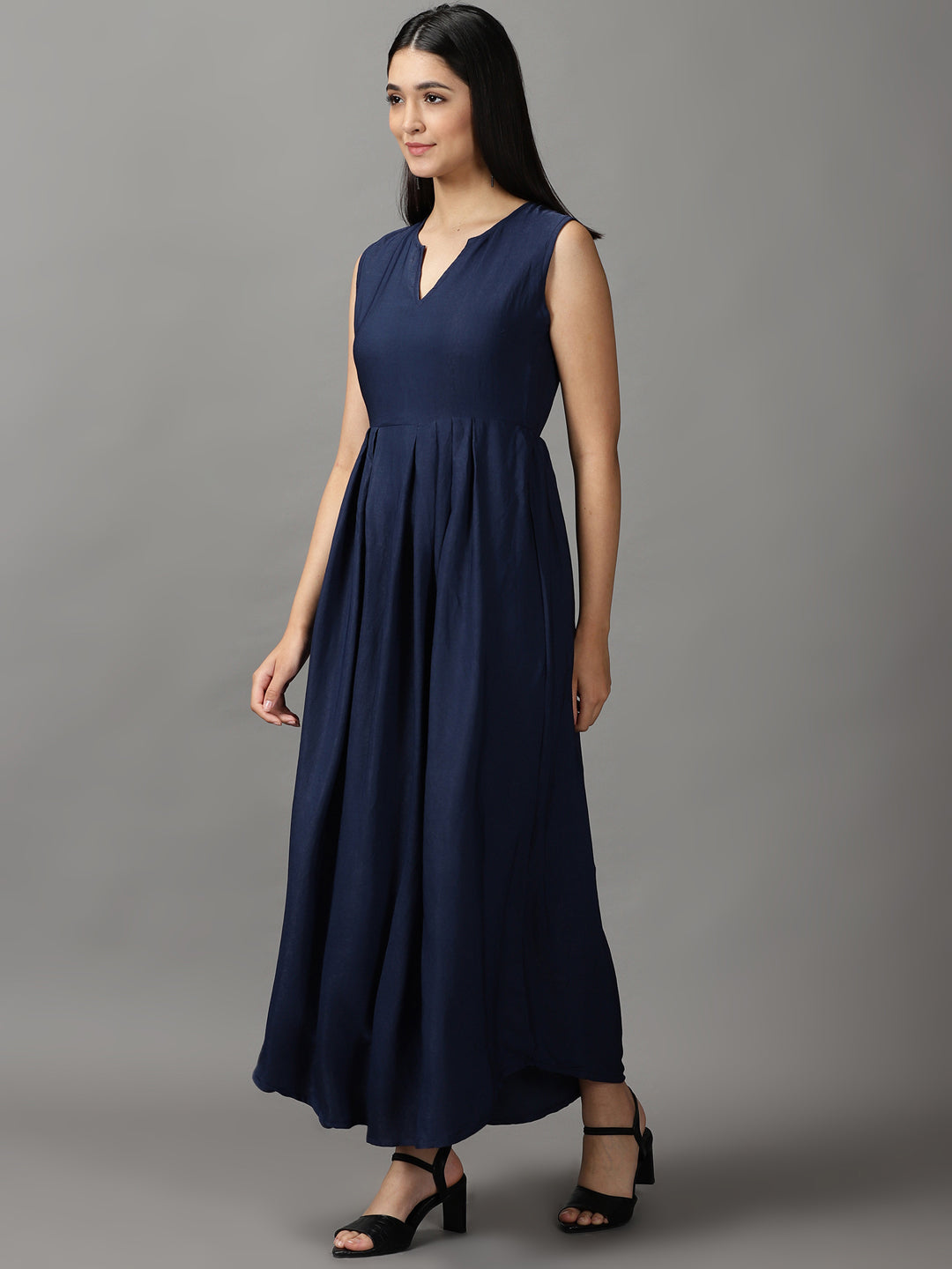 Women's Navy Blue Solid Fit and Flare Dress