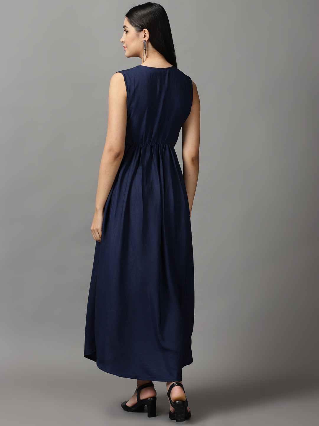 Women's Navy Blue Solid Fit and Flare Dress