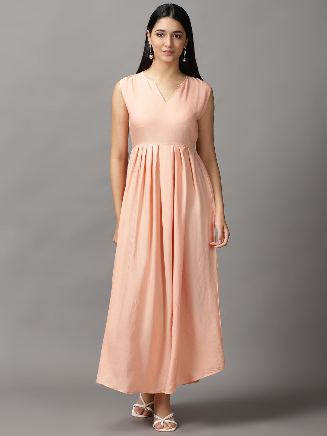 Women's Peach Solid Fit and Flare Dress