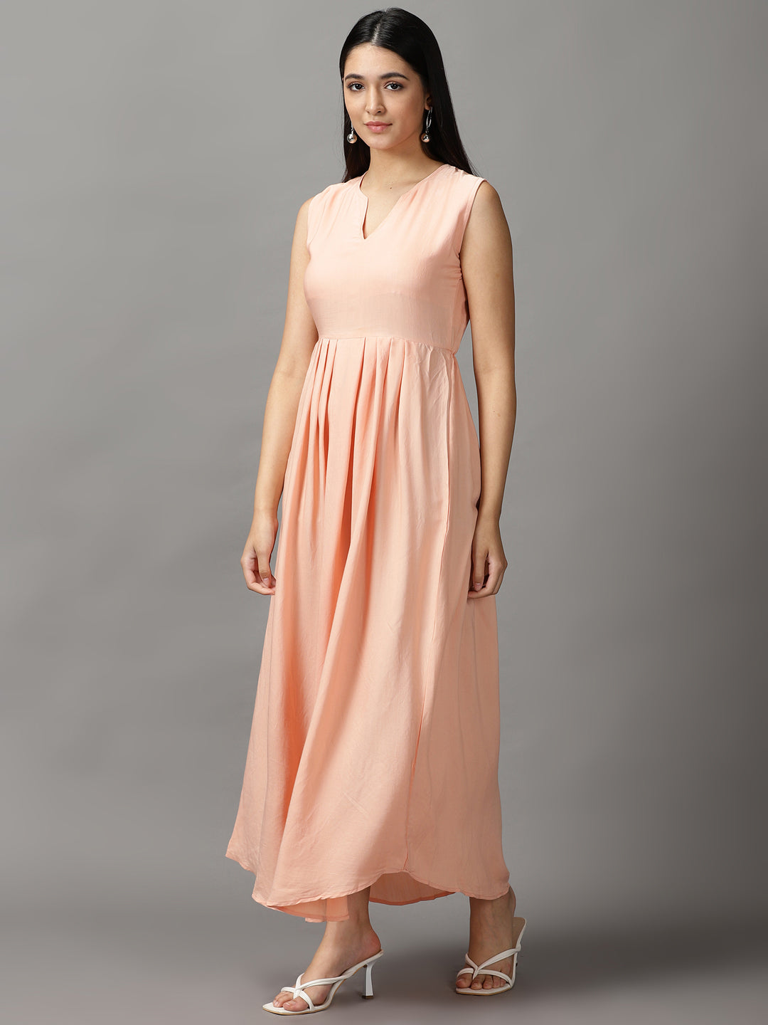 Women's Peach Solid Fit and Flare Dress