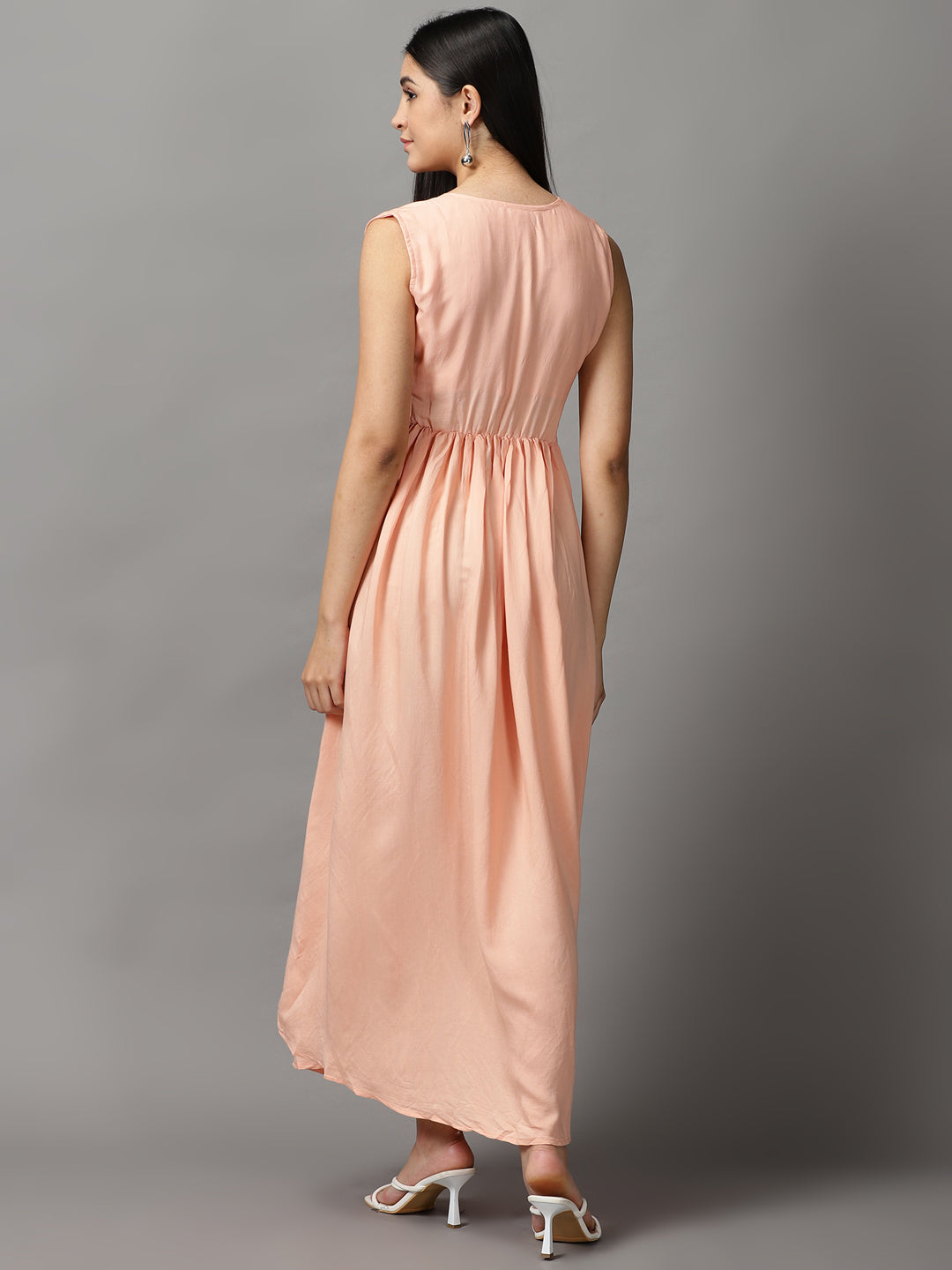 Women's Peach Solid Fit and Flare Dress