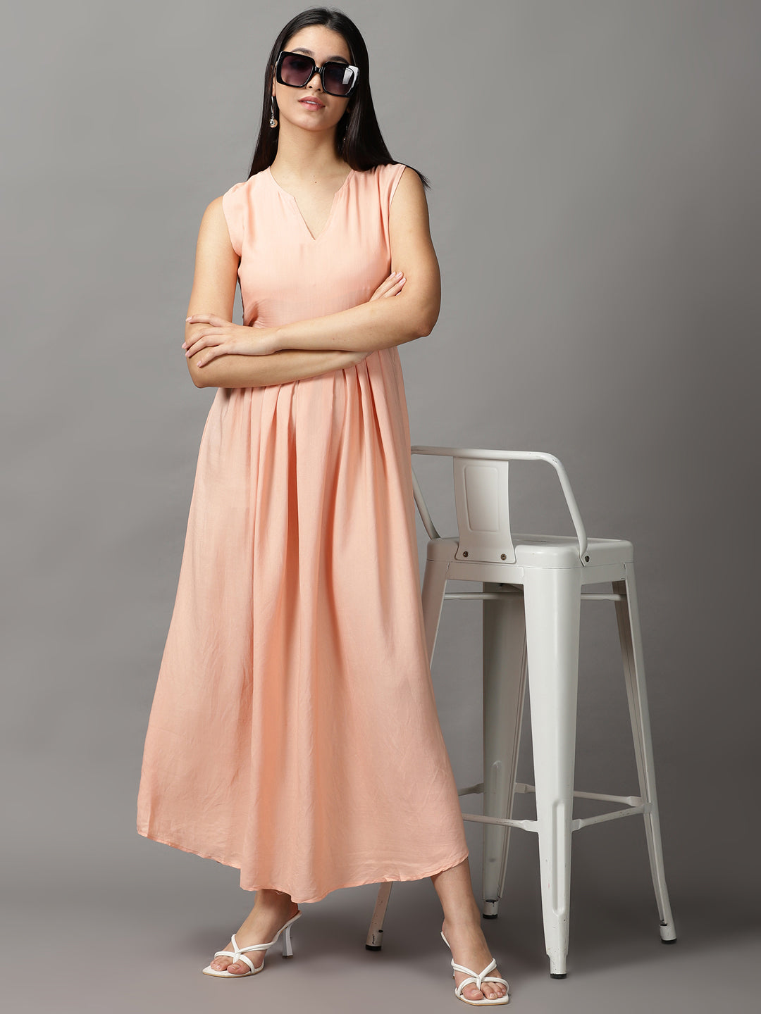 Women's Peach Solid Fit and Flare Dress