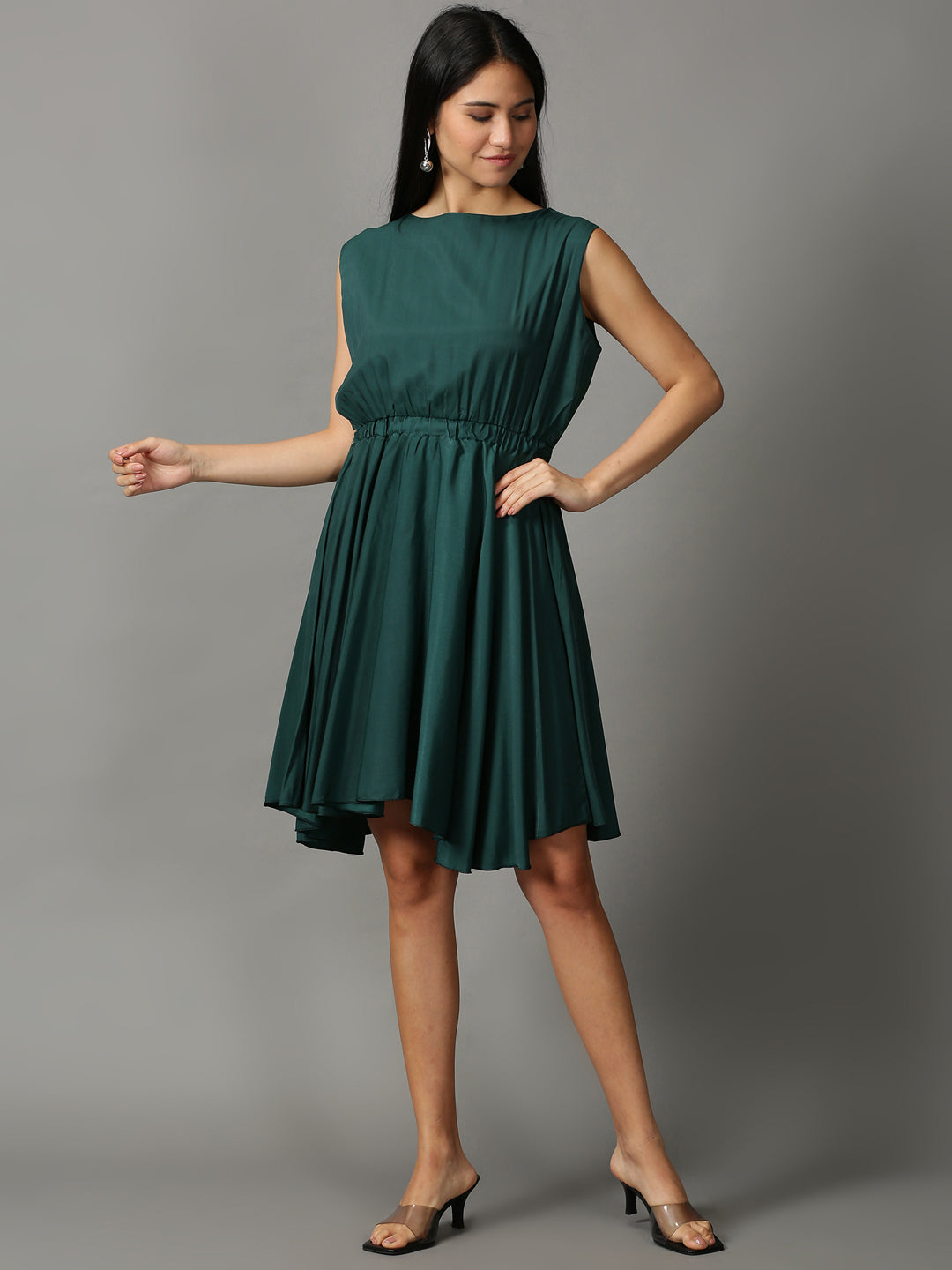 Women's Green Solid Fit and Flare Dress