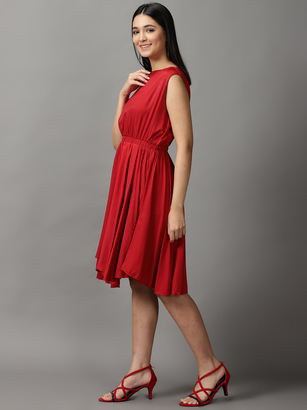 Women's Red Solid Fit and Flare Dress