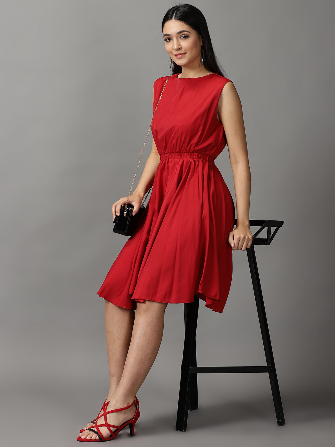 Women's Red Solid Fit and Flare Dress