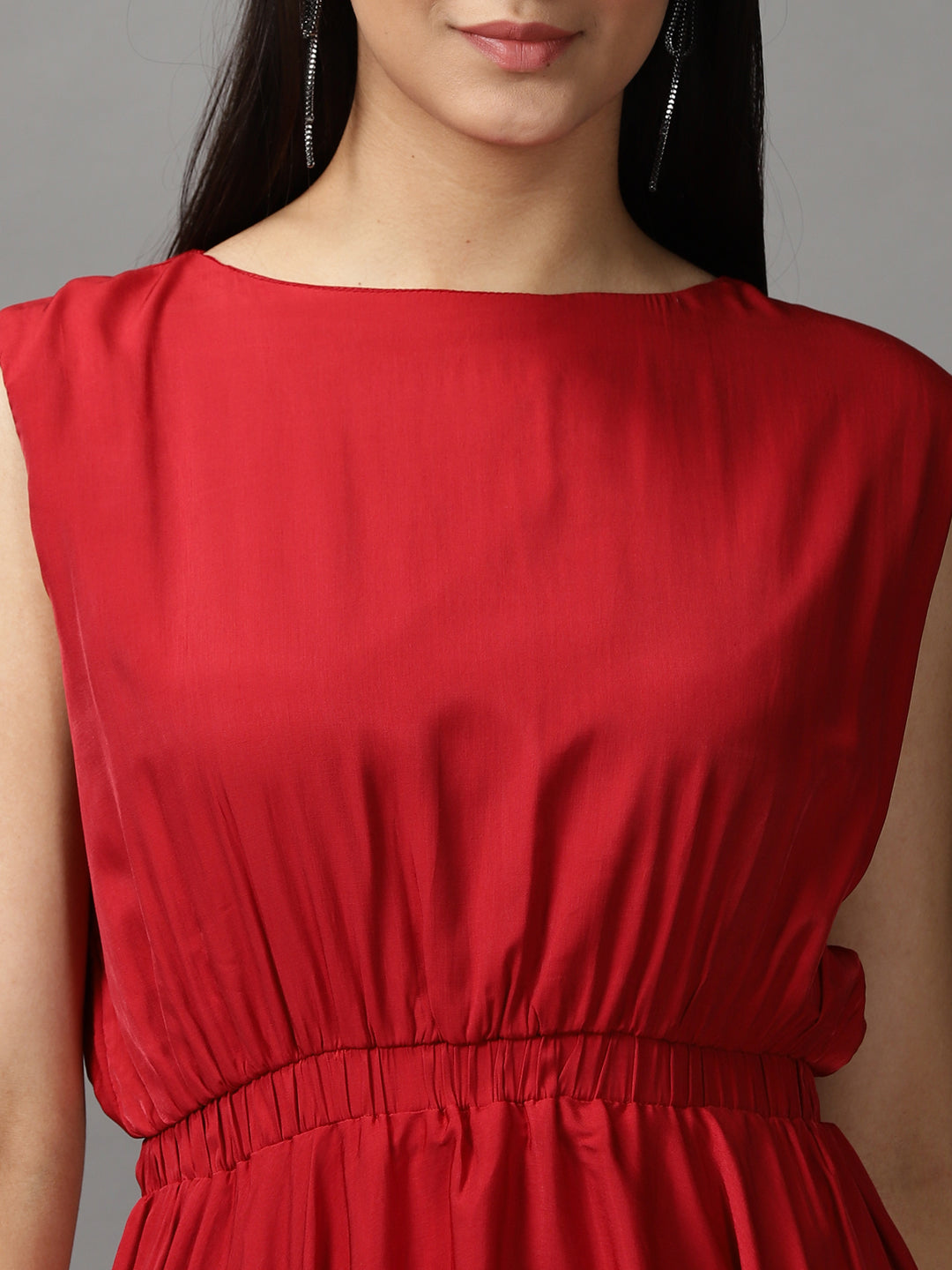 Women's Red Solid Fit and Flare Dress