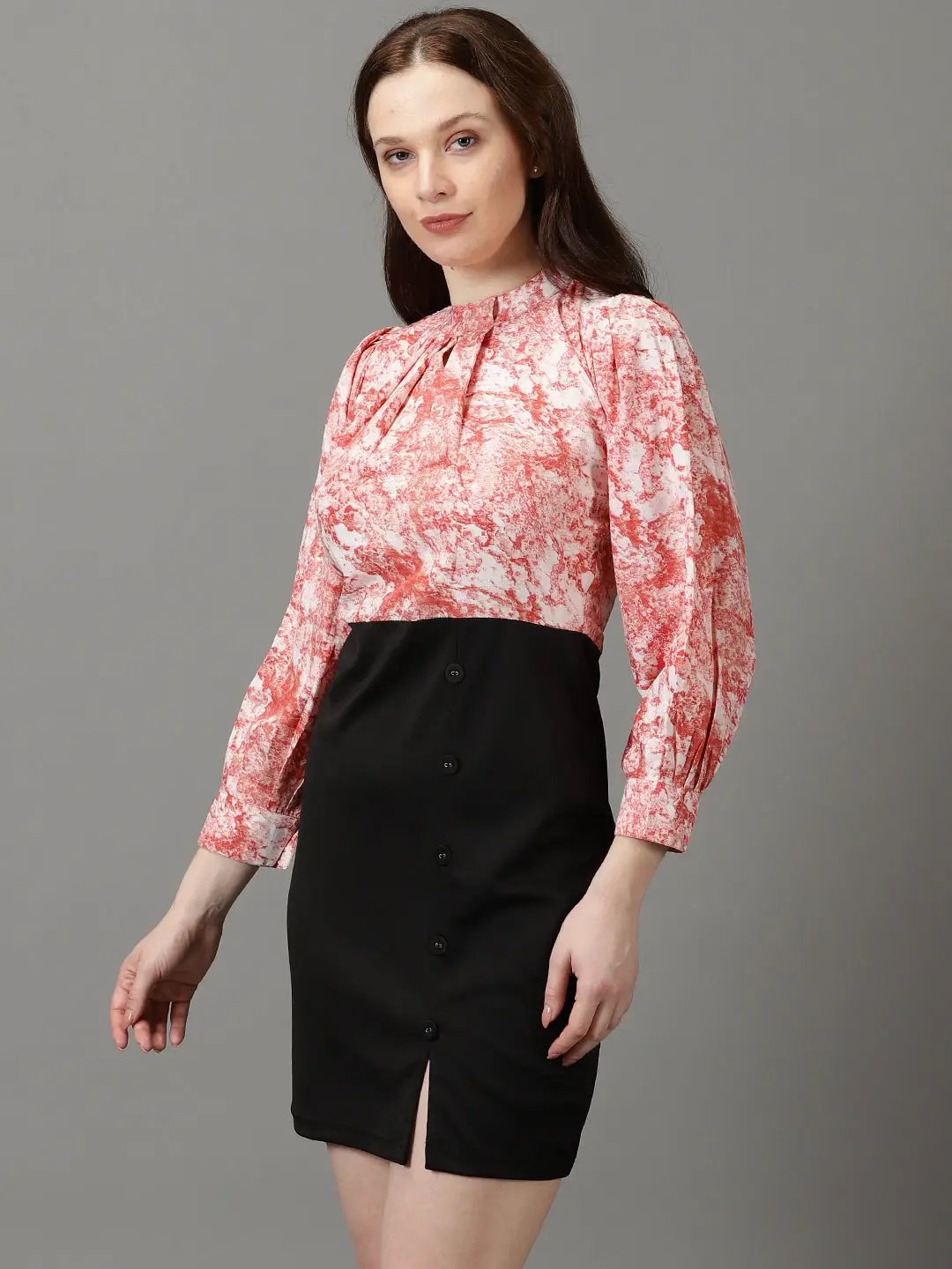 Women's Black Abstract Printed Cuffed Sleeves Sheath Dress