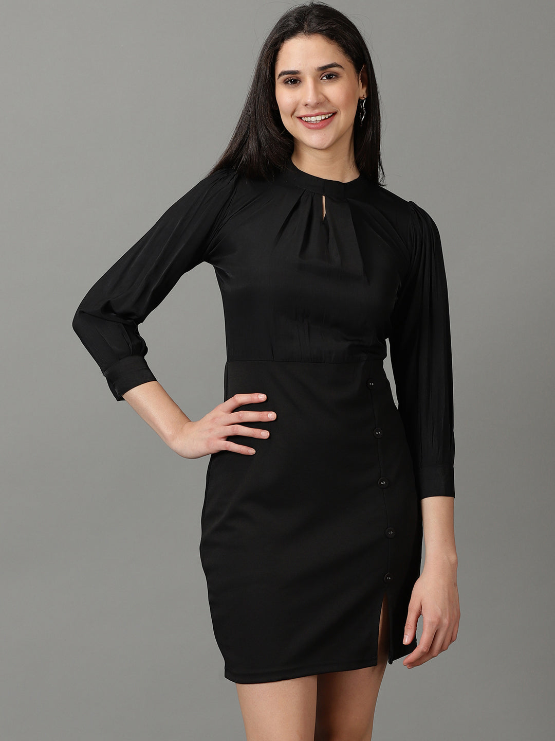 Women's Black Solid Fit and Flare Dress