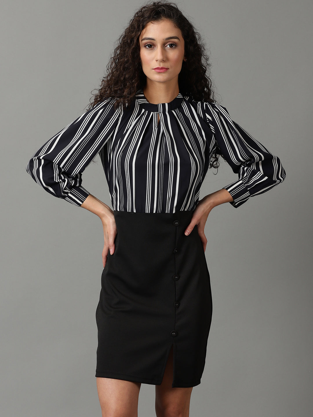 Women's Black Striped Fit and Flare Dress