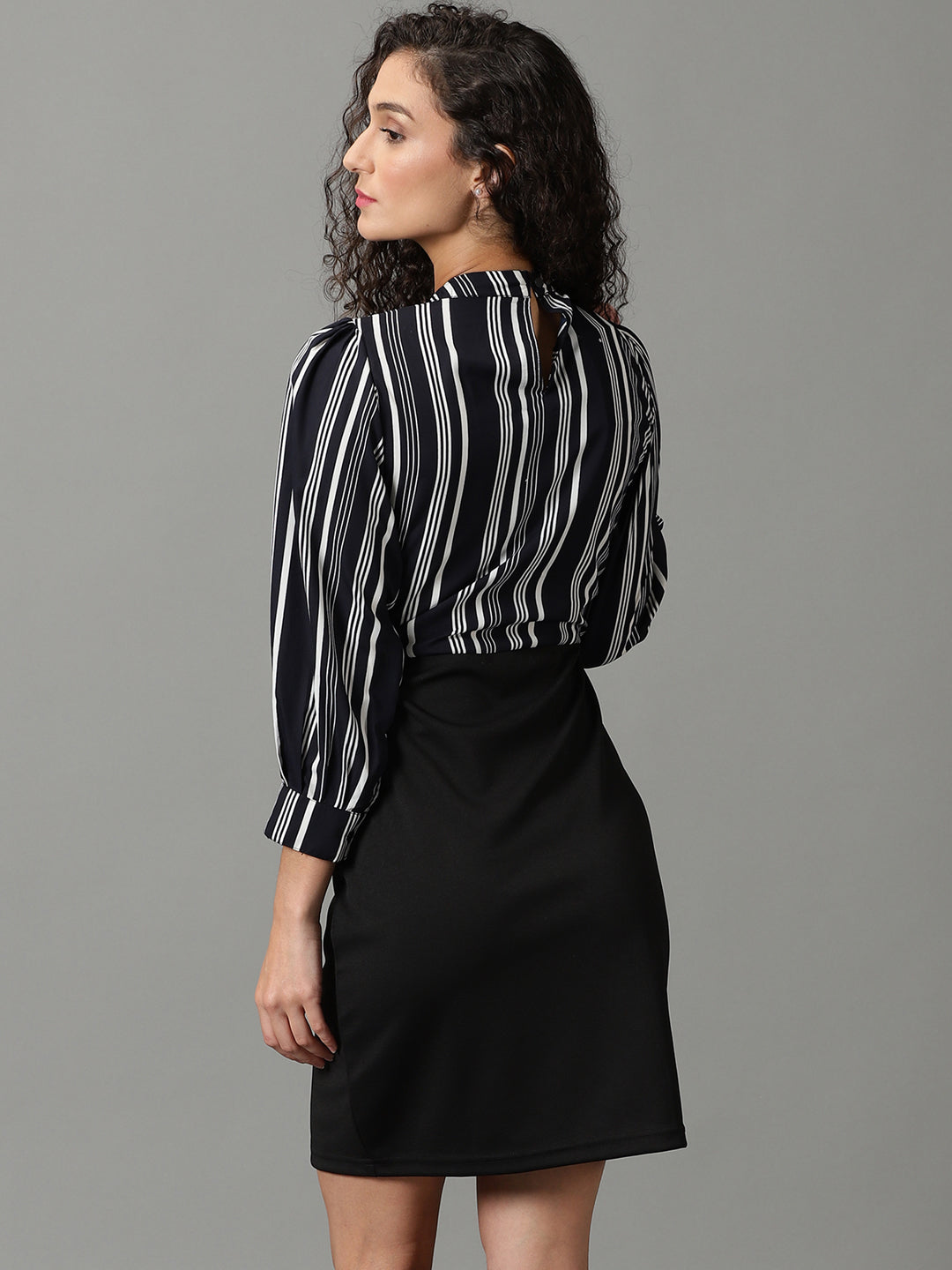 Women's Black Striped Fit and Flare Dress