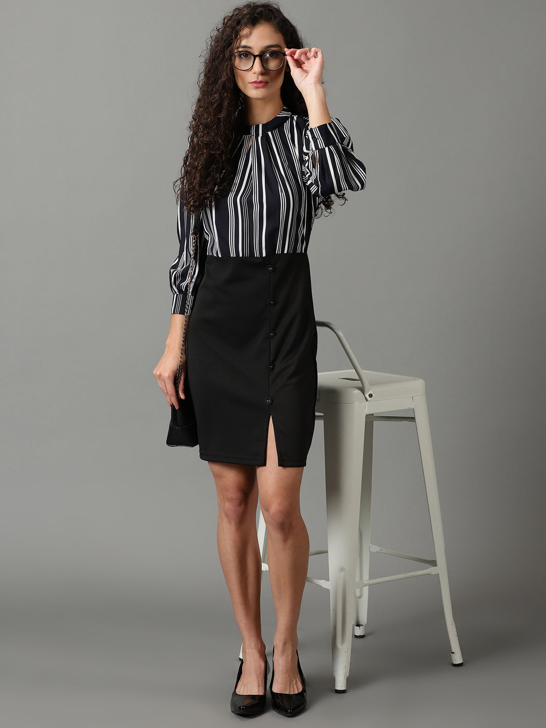 Women's Black Striped Fit and Flare Dress