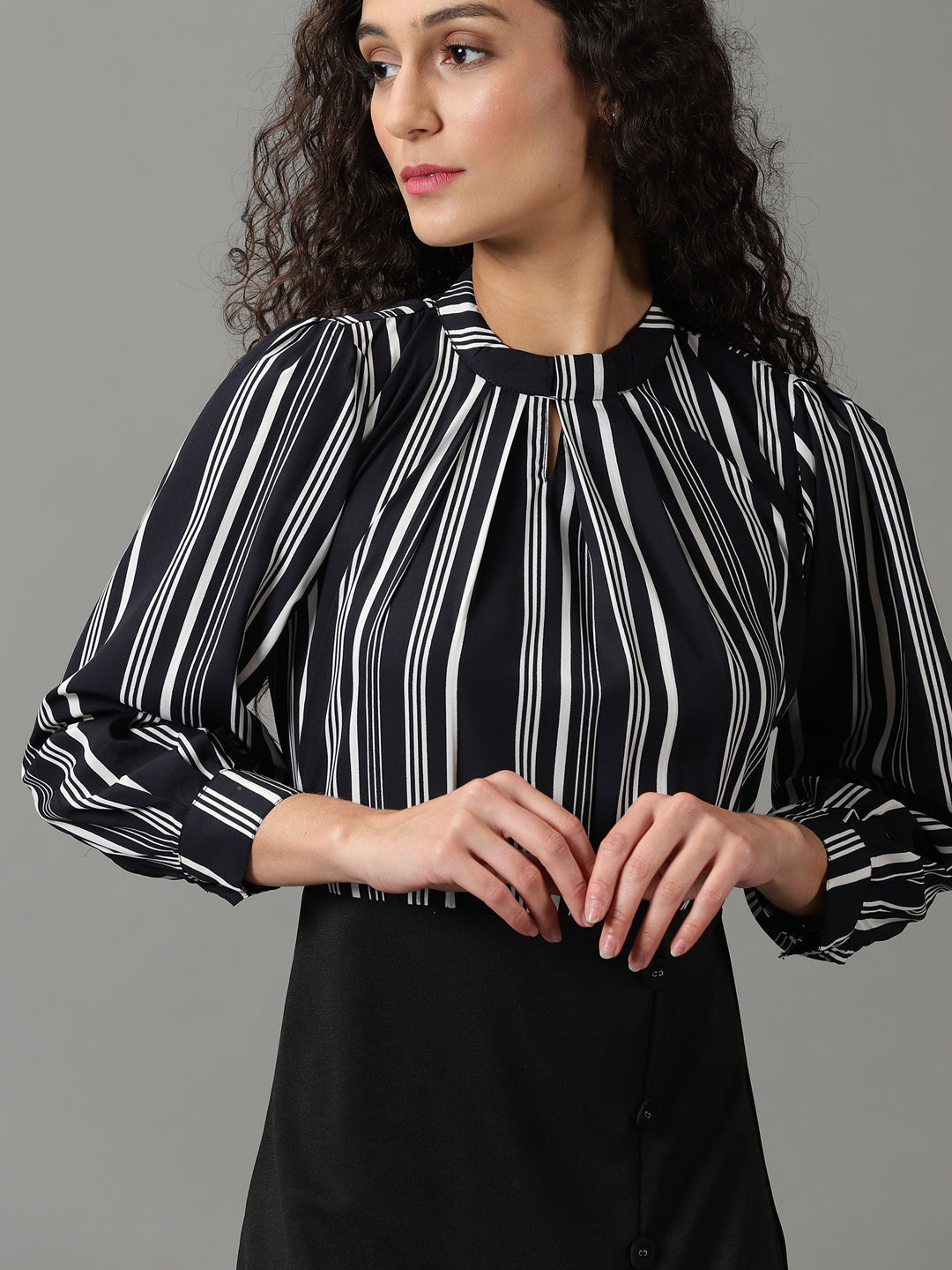 Women's Black Striped Fit and Flare Dress