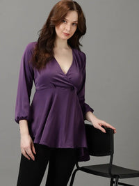 Women's Purple V-Neck Asymmetrical Hem Bishop Sleeve Satin Wrap Top
