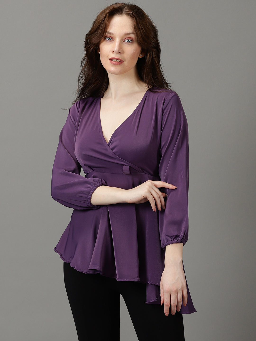 Women's Purple Solid Wrap Longline Top