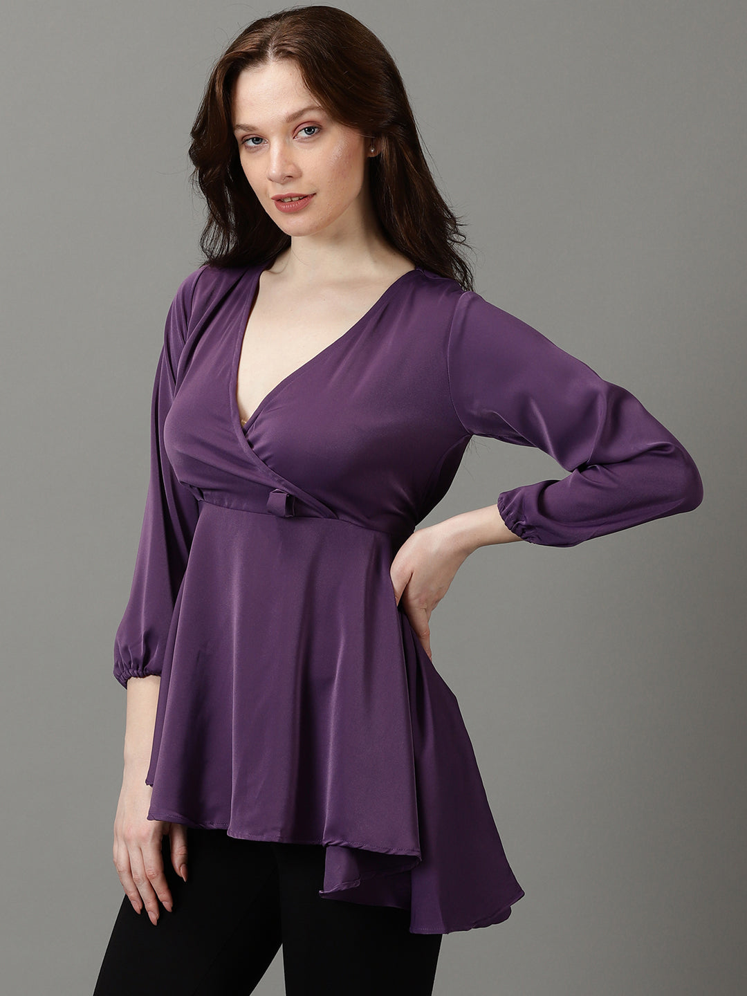 Women's Purple Solid Wrap Longline Top