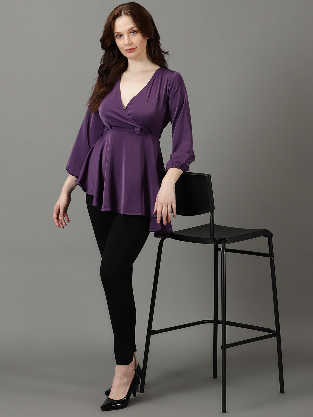 Women's Purple Solid Wrap Longline Top