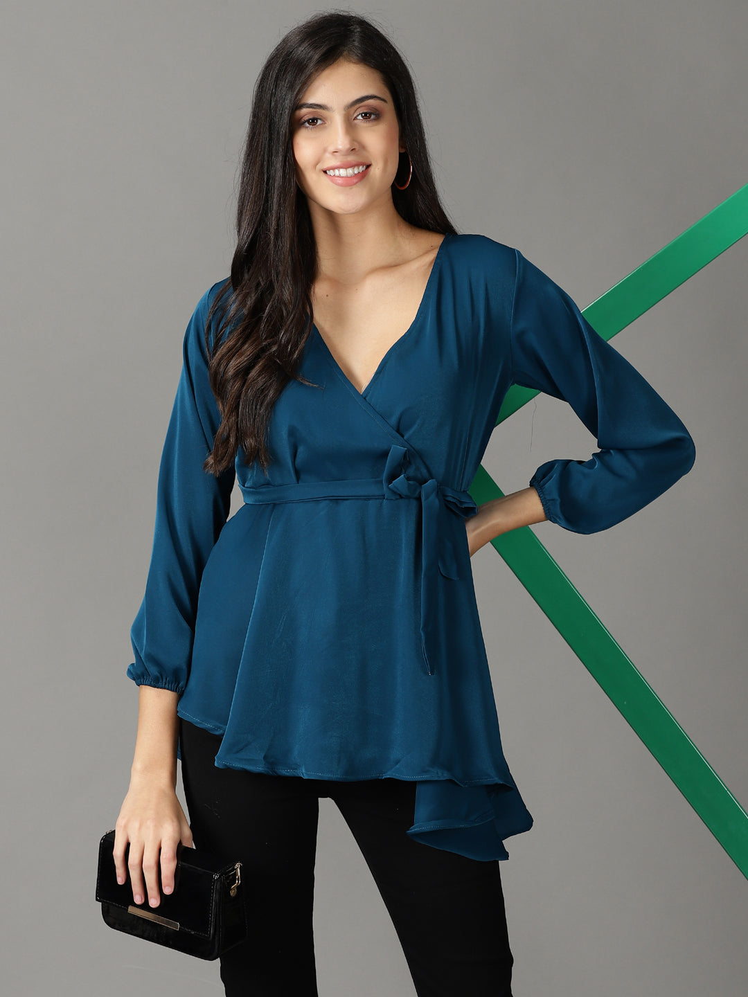 Women's Teal Solid Peplum Top