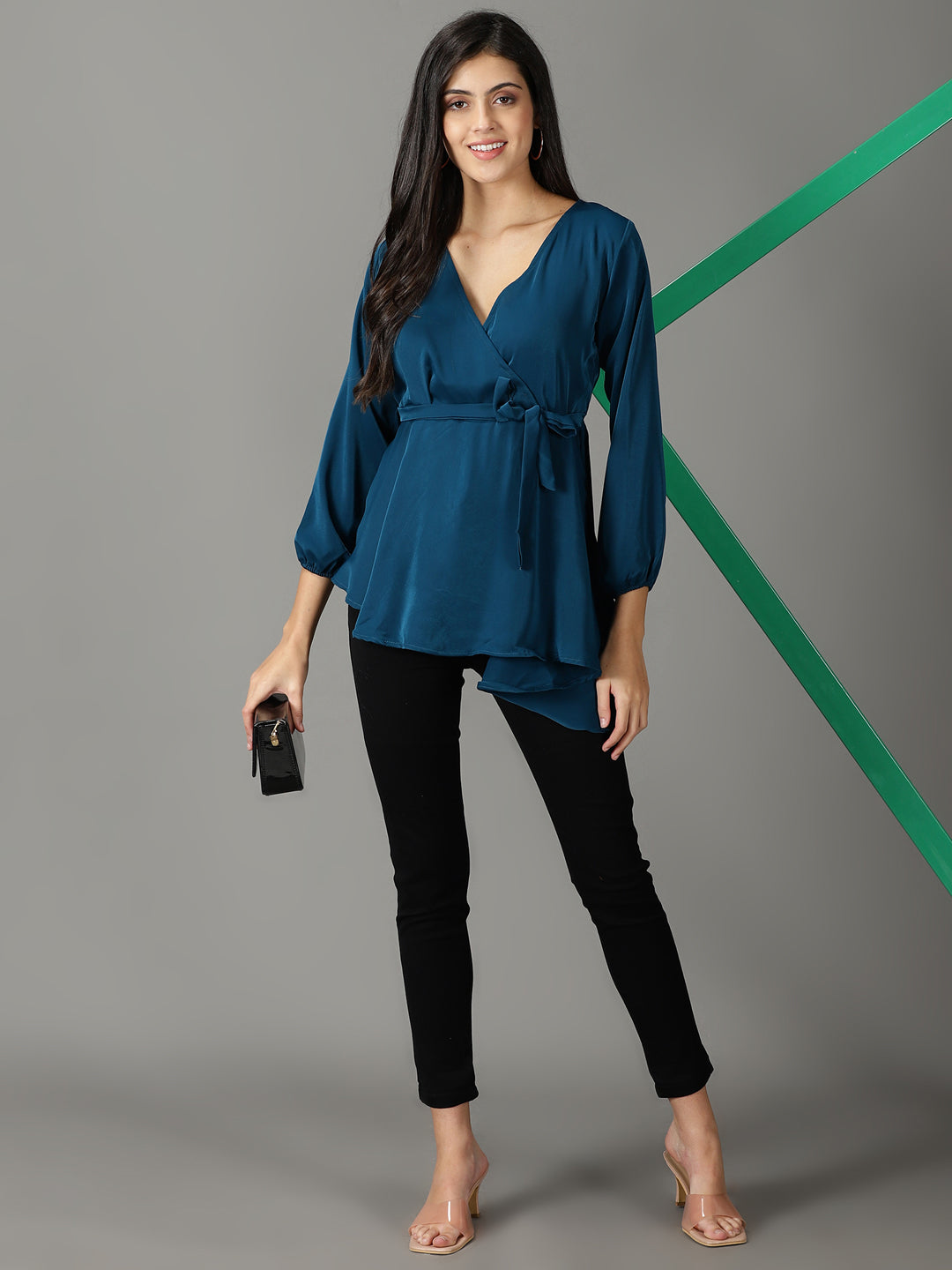 Women's Teal Solid Peplum Top