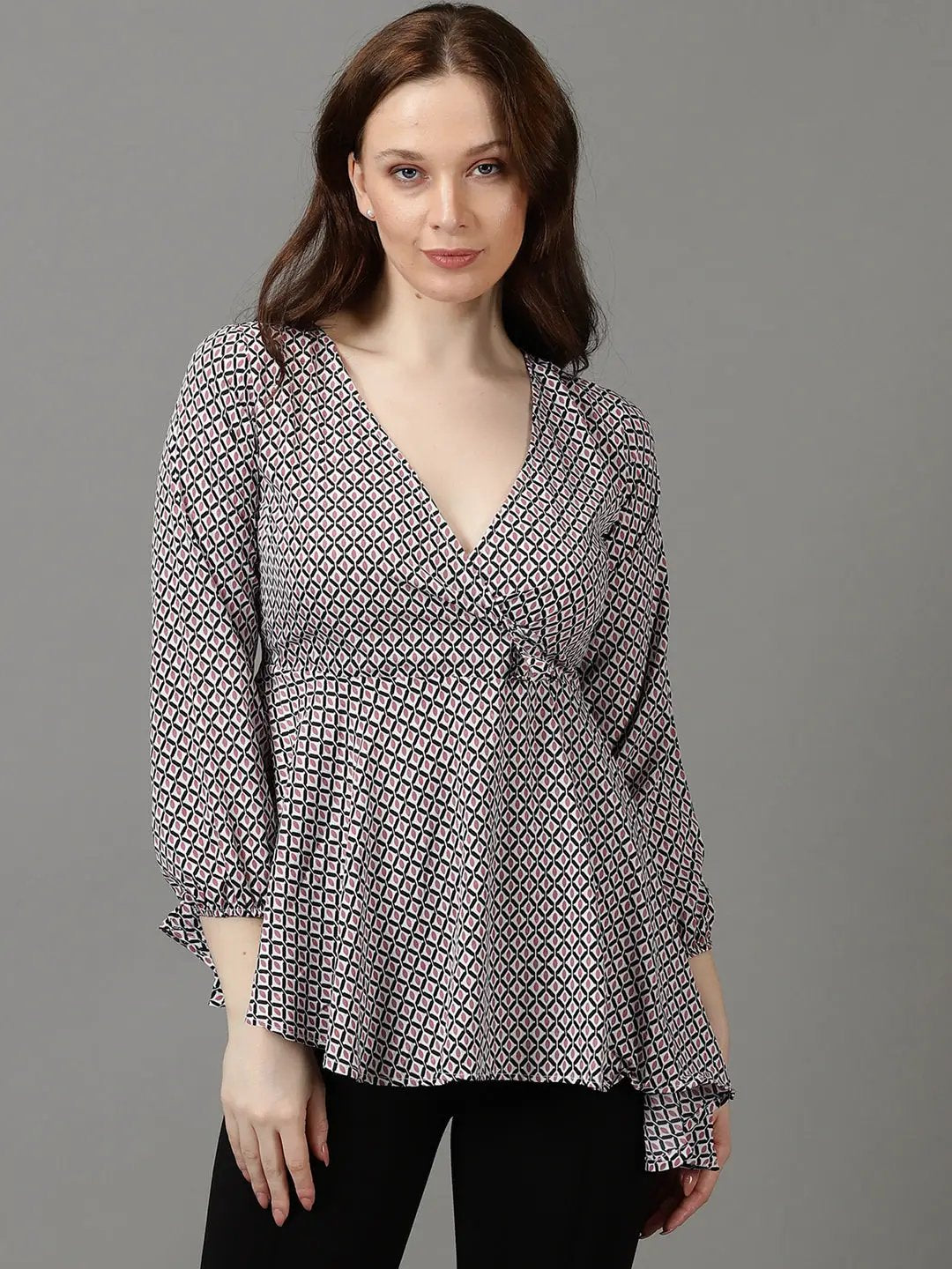 Women's Black Printed Wrap Top