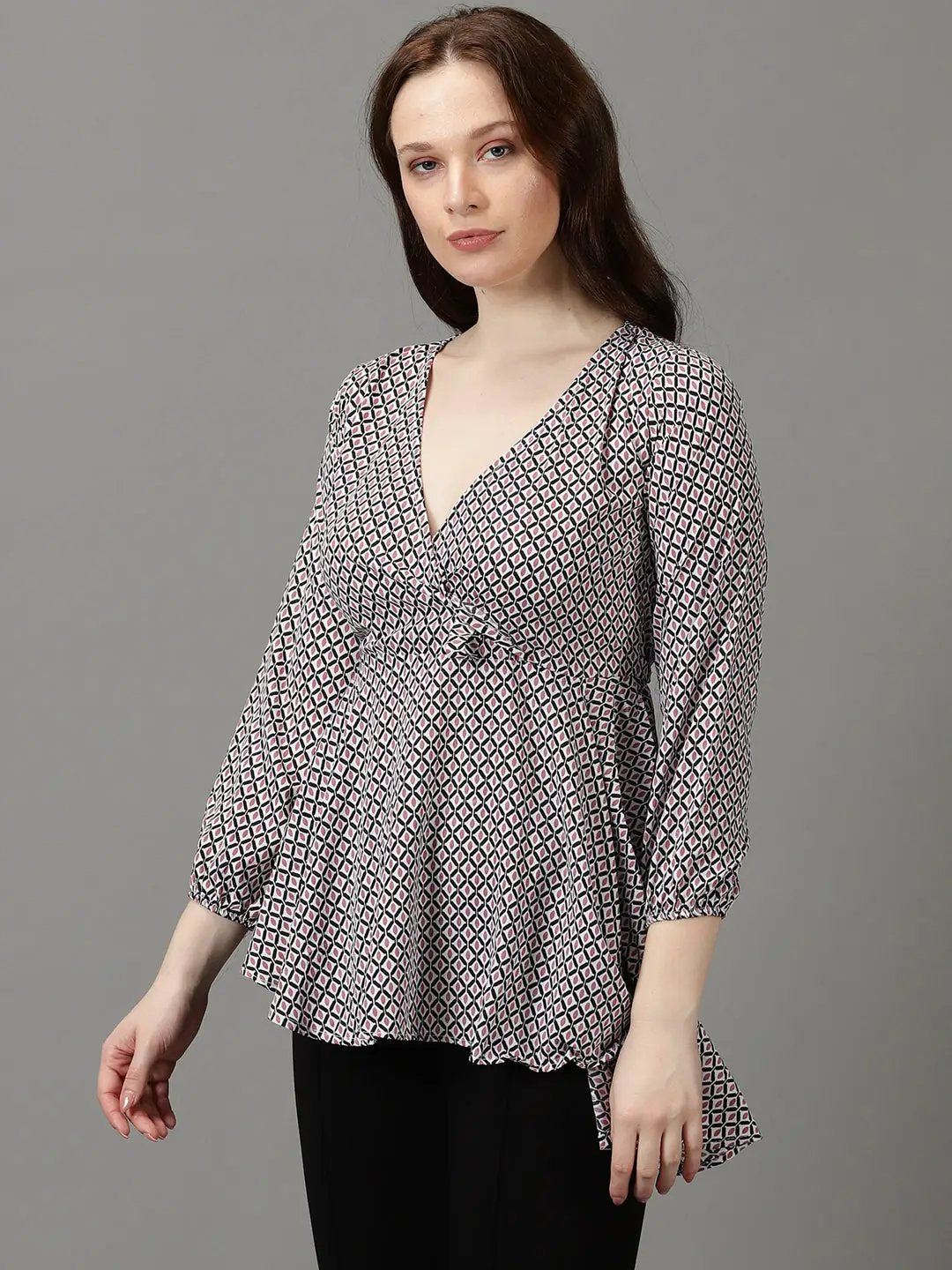 Women's Black Printed Wrap Top