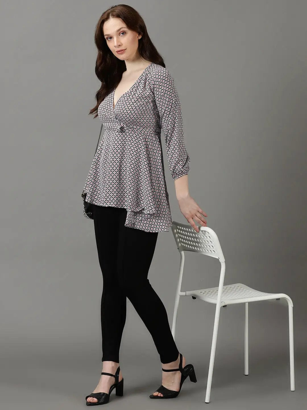 Women's Black Printed Wrap Top
