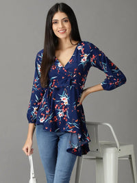 Women's Navy Blue Floral Print Wrap Top