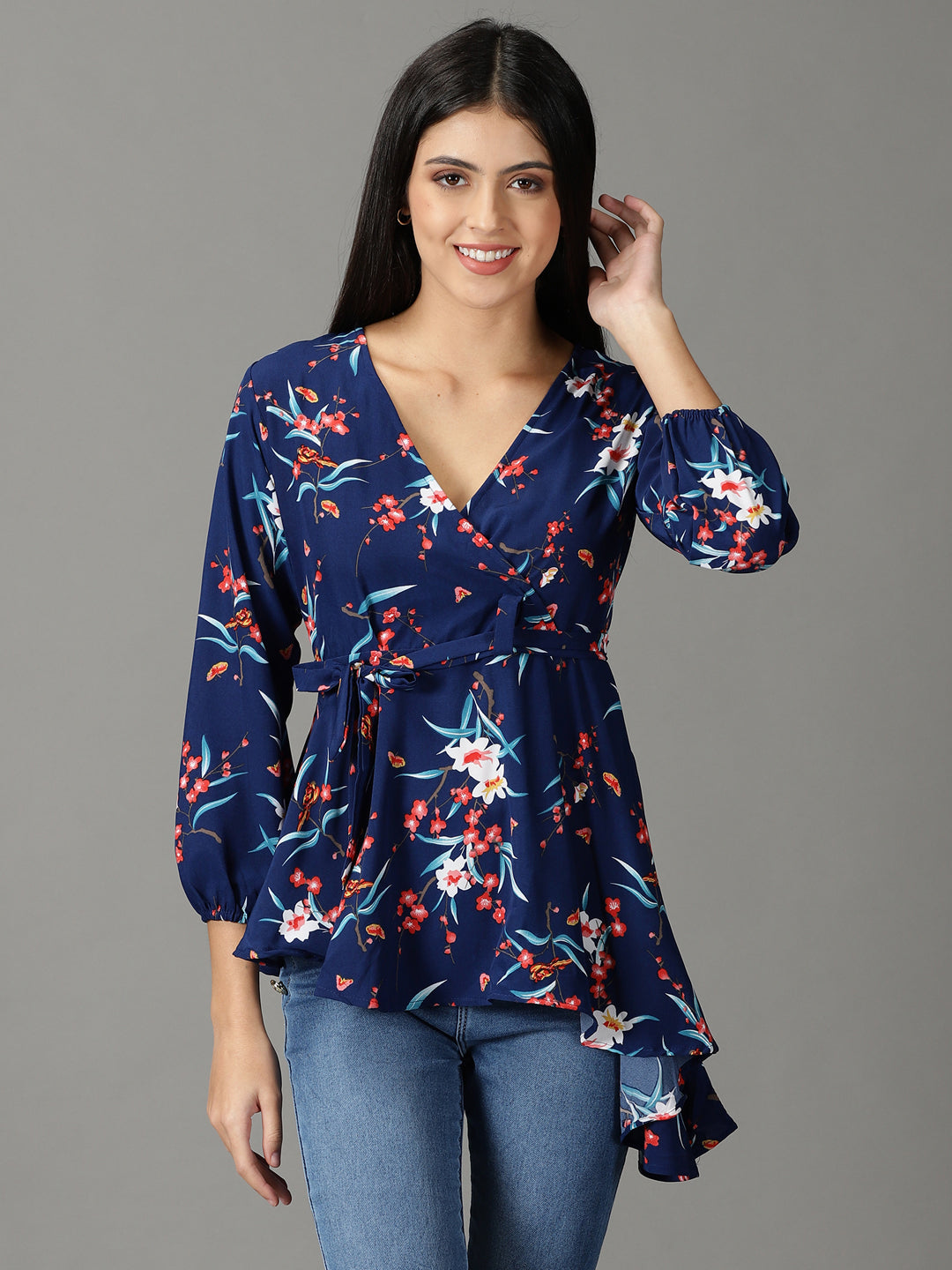 Women's Navy Blue Printed Peplum Top