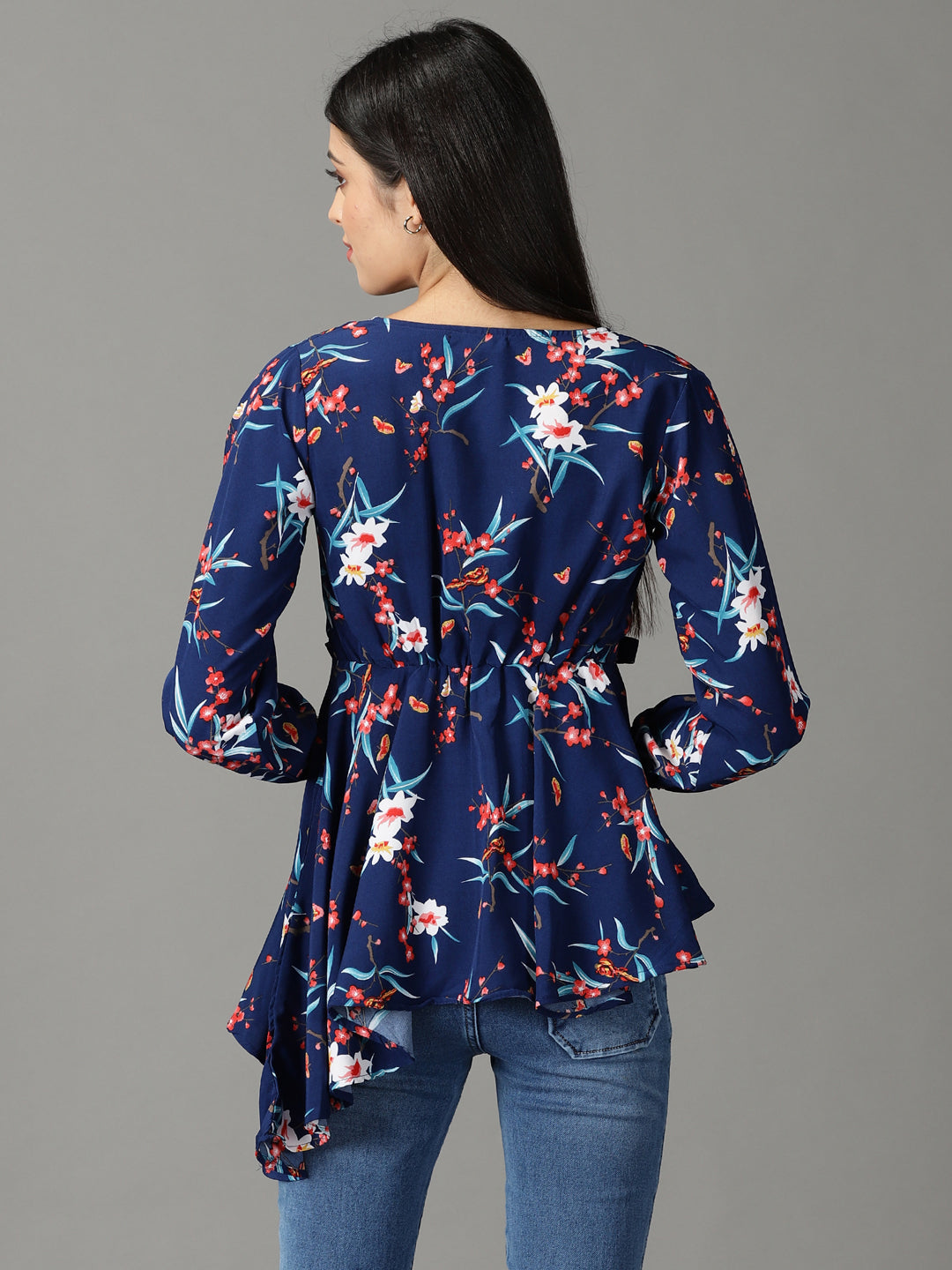 Women's Navy Blue Printed Peplum Top