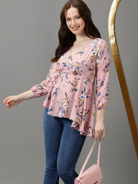Women's Pink Floral Printed Asymmetrical Hem Bishop Sleeve Wrap Top