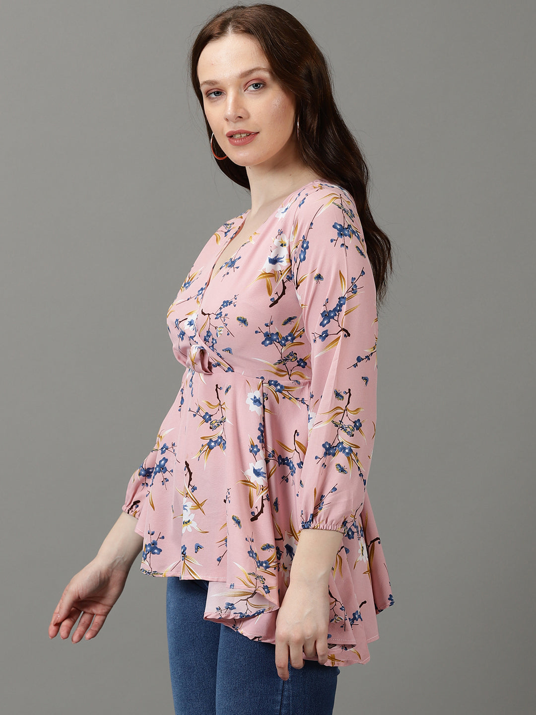 Women's Pink Printed Wrap Longline Top