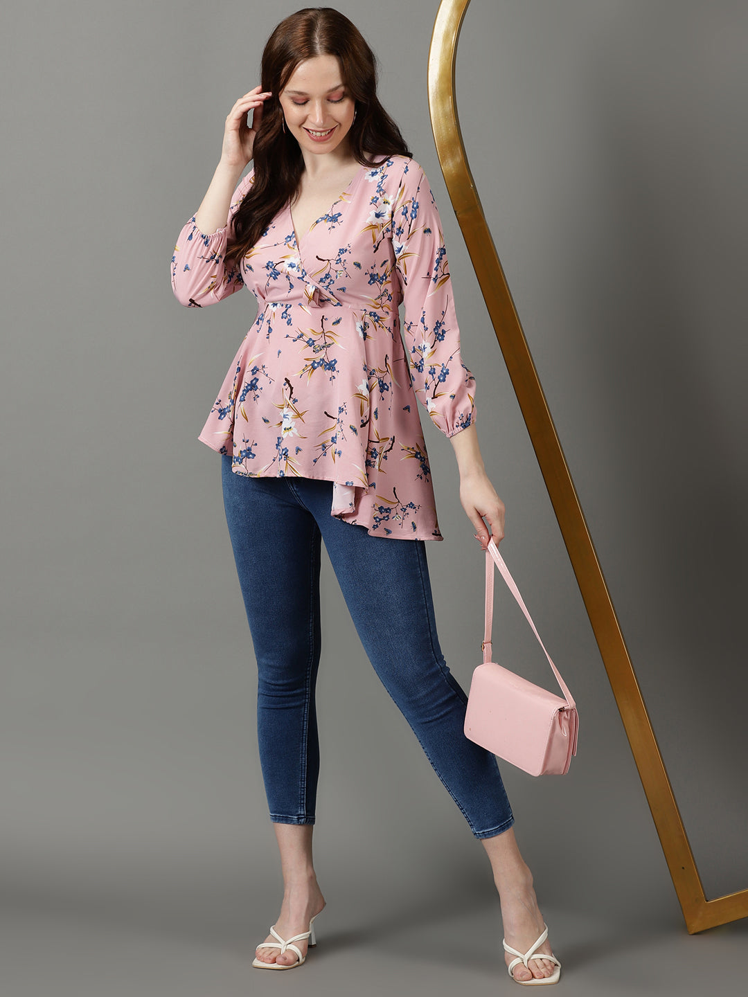 Women's Pink Printed Wrap Longline Top