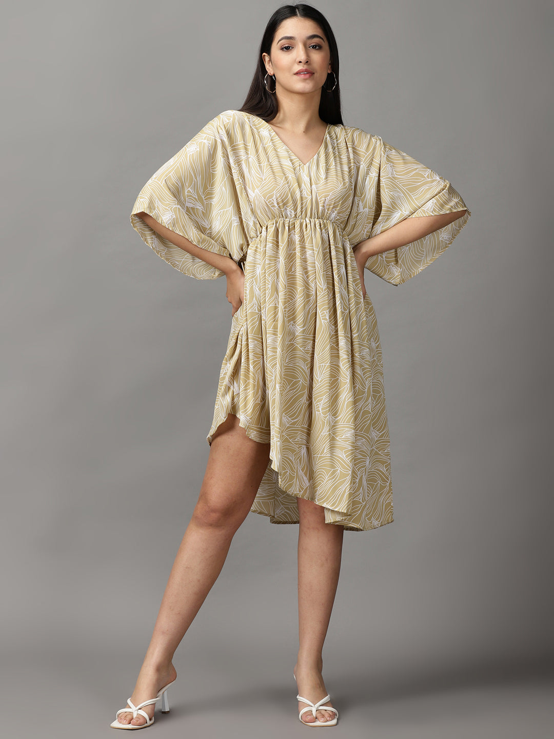 Women's Beige Printed Fit and Flare Dress