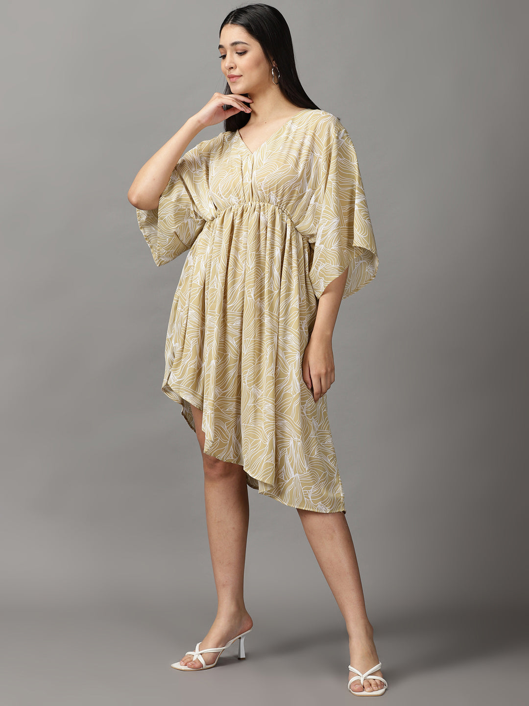 Women's Beige Printed Fit and Flare Dress