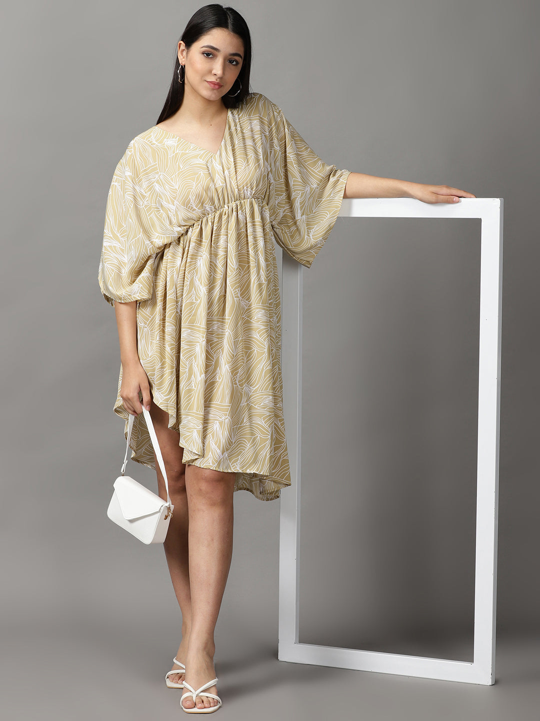 Women's Beige Printed Fit and Flare Dress