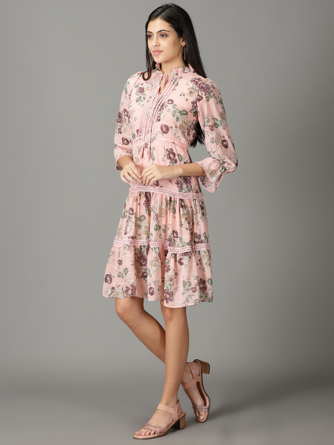 Women's Peach Printed Fit and Flare Dress