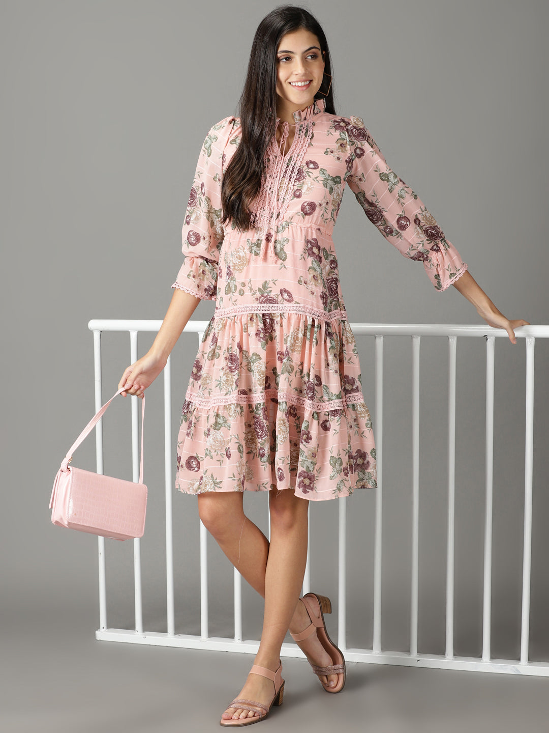 Women's Peach Printed Fit and Flare Dress