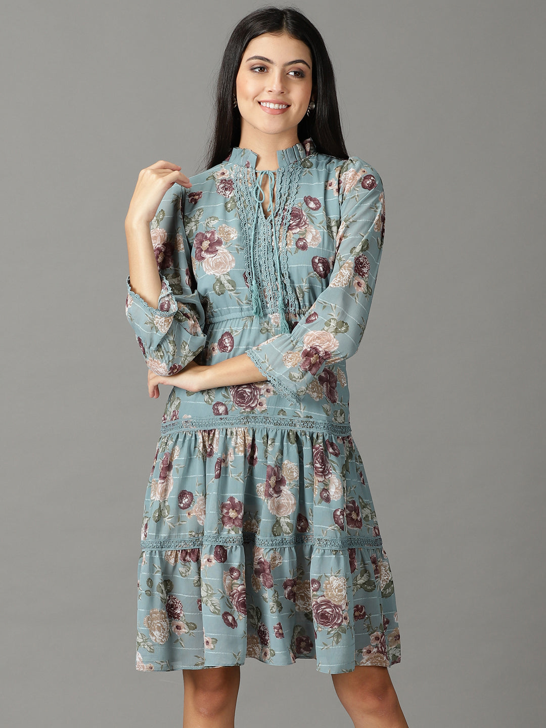 Women's Teal Printed Fit and Flare Dress