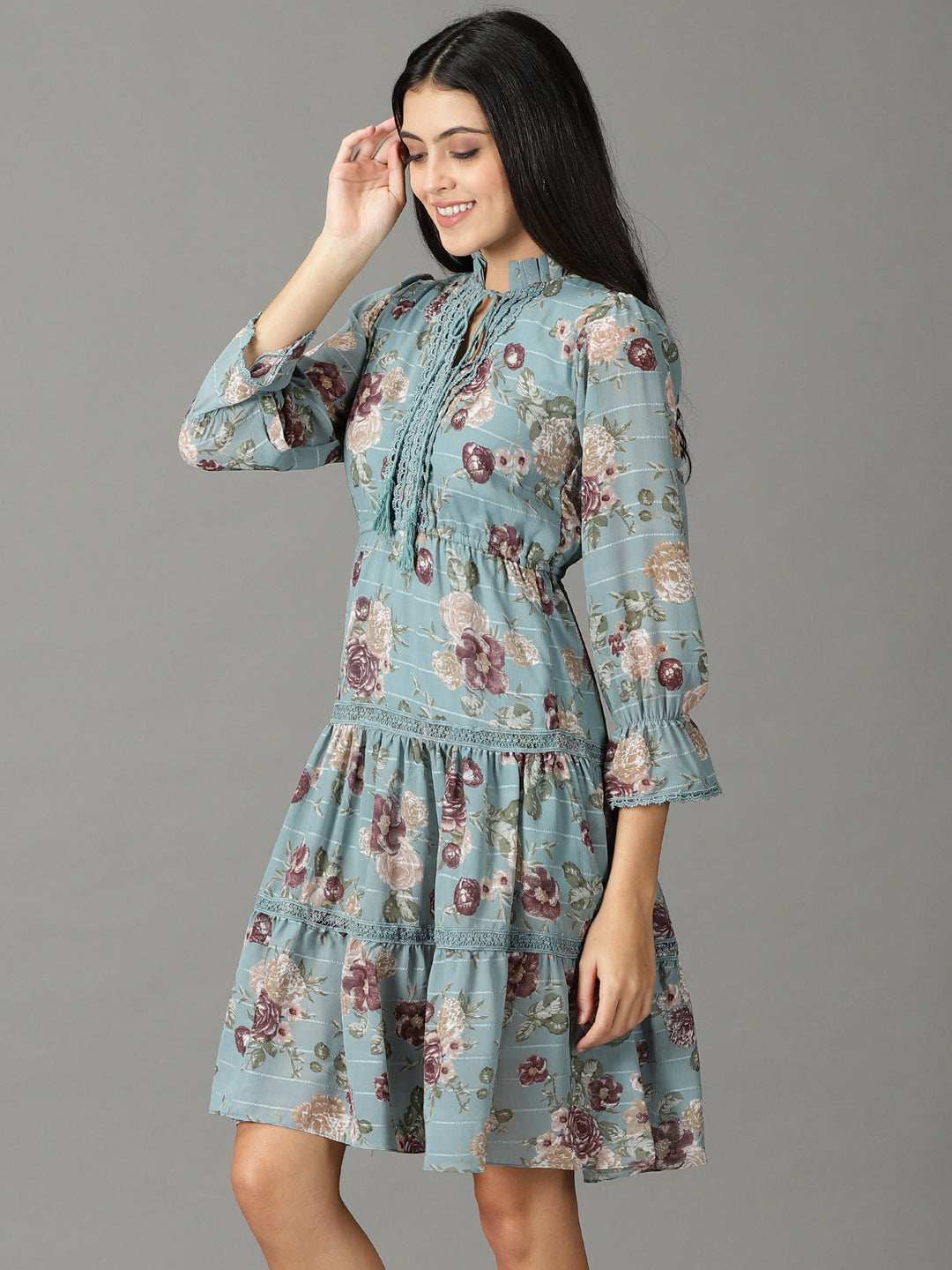 Women's Teal Printed Fit and Flare Dress