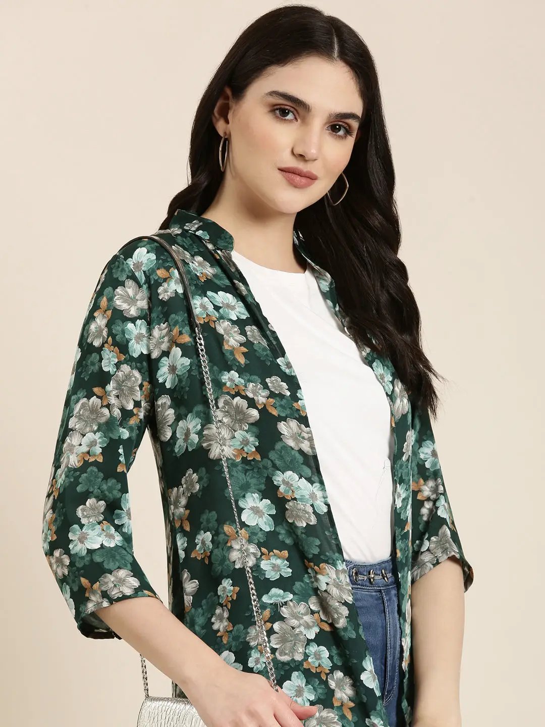 Women's Green Printed Longline Shrug