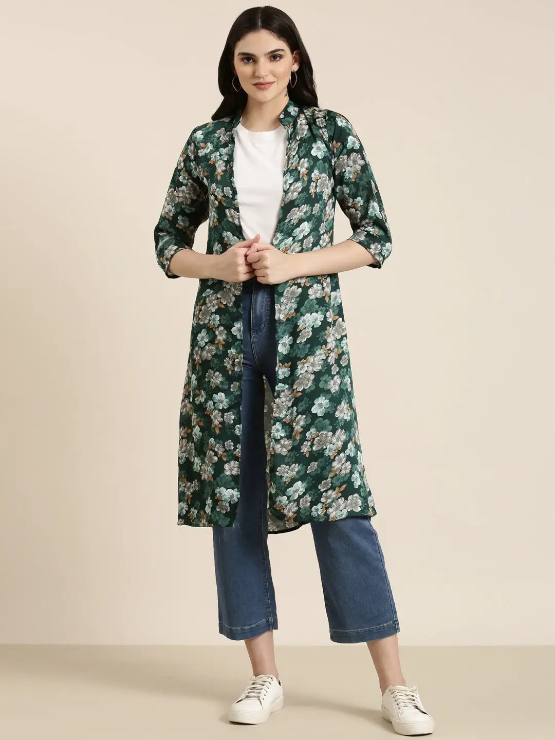 Women's Green Printed Longline Shrug