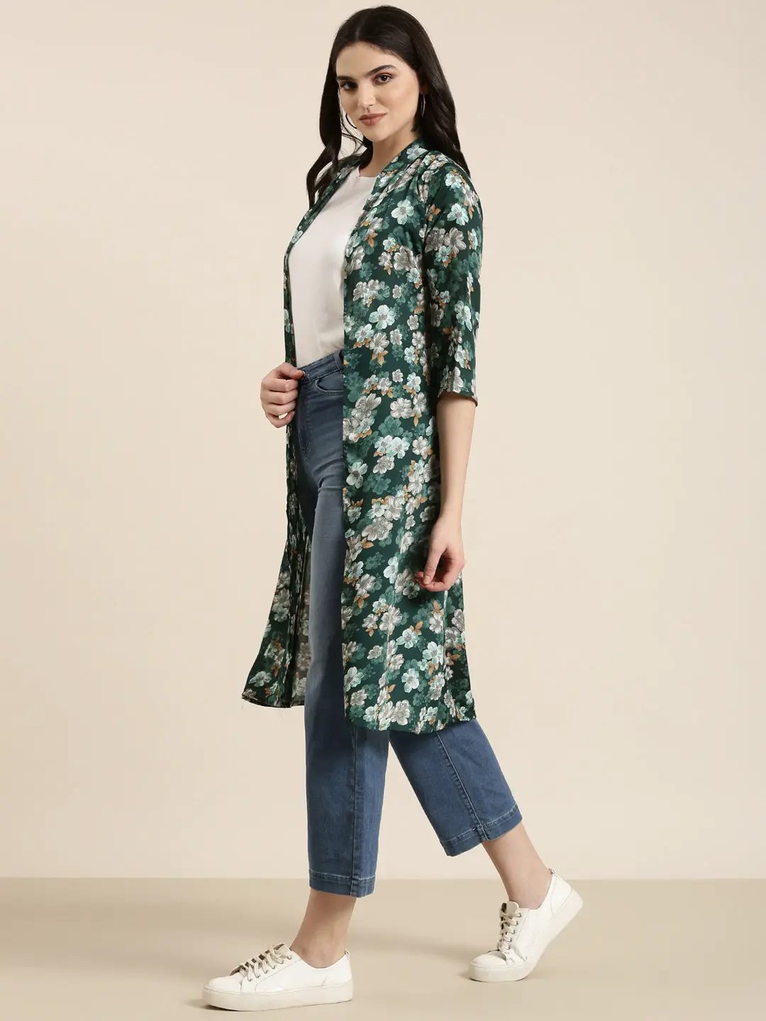 Women's Green Printed Longline Shrug
