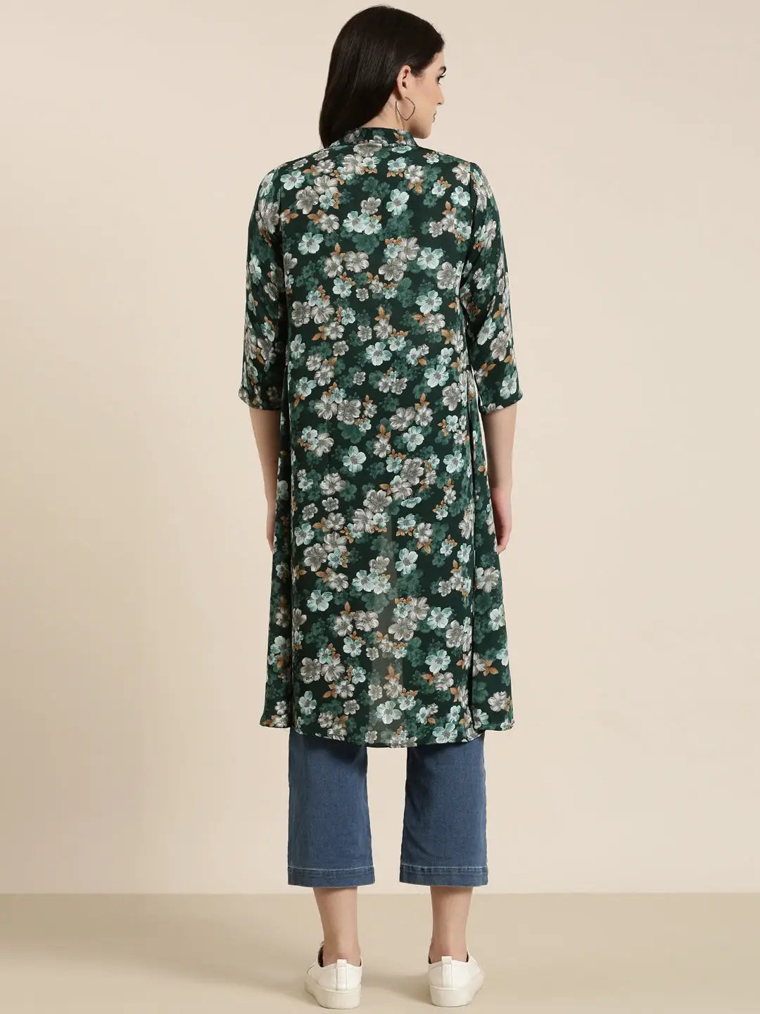 Women's Green Printed Longline Shrug