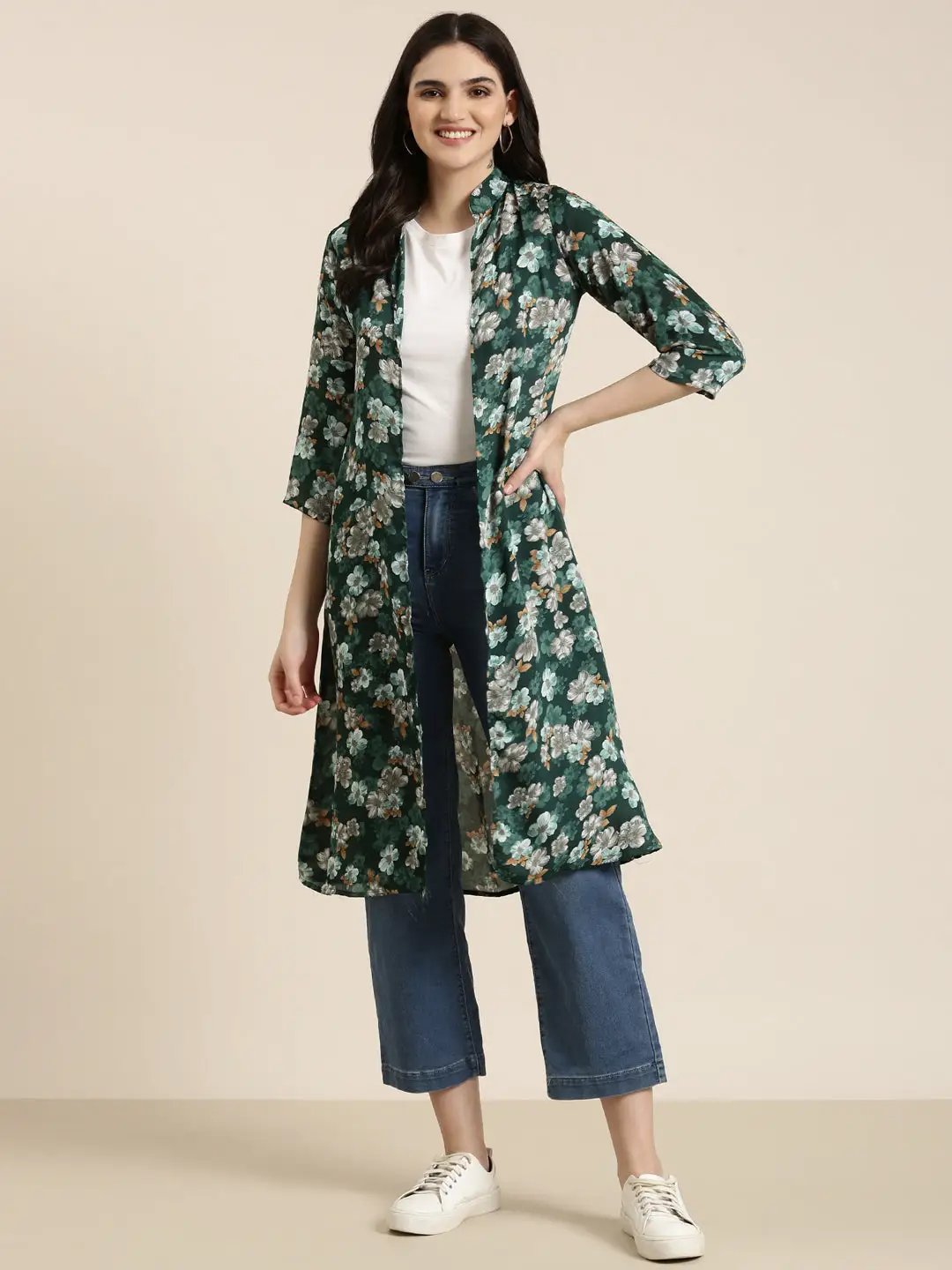 Women's Green Printed Longline Shrug