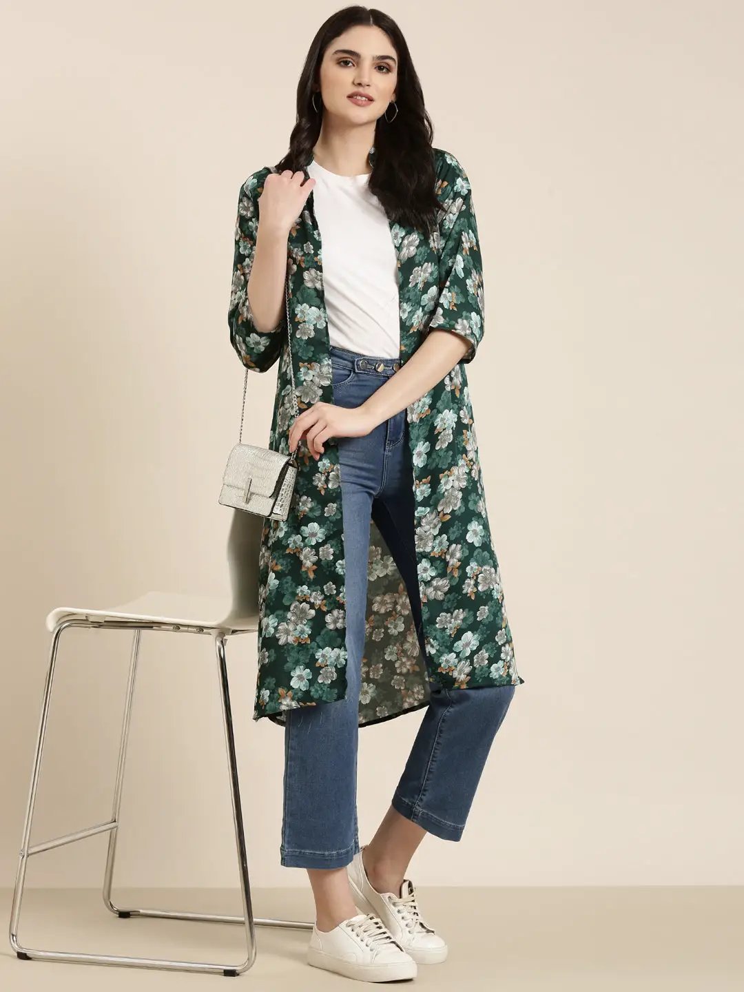 Women's Green Printed Longline Shrug