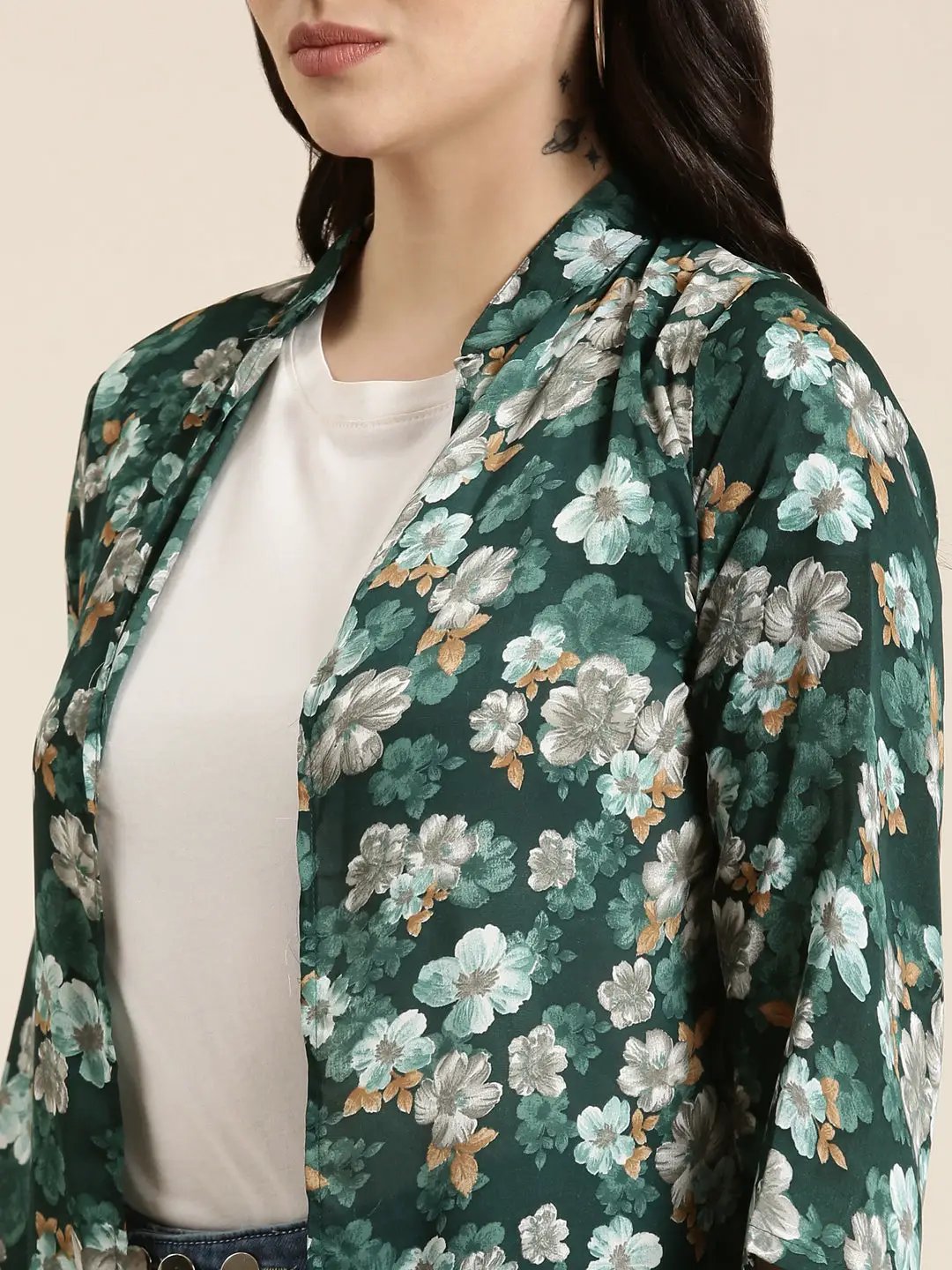 Women's Green Printed Longline Shrug