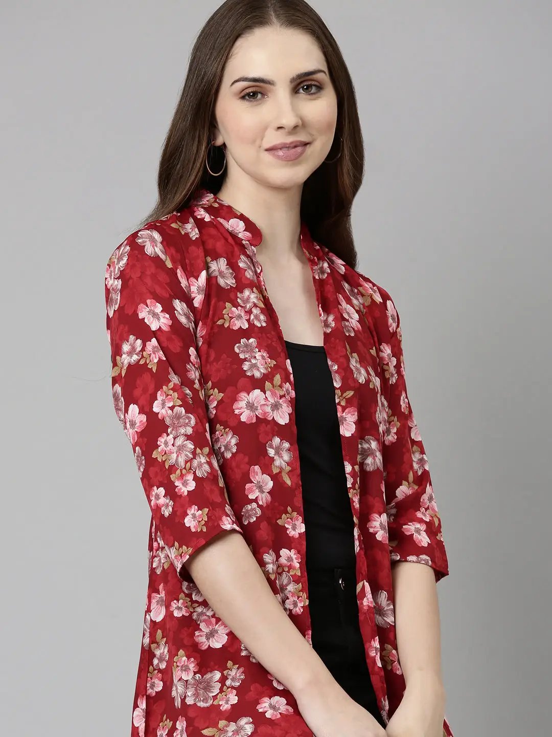 Women's Maroon Printed Longline Shrug