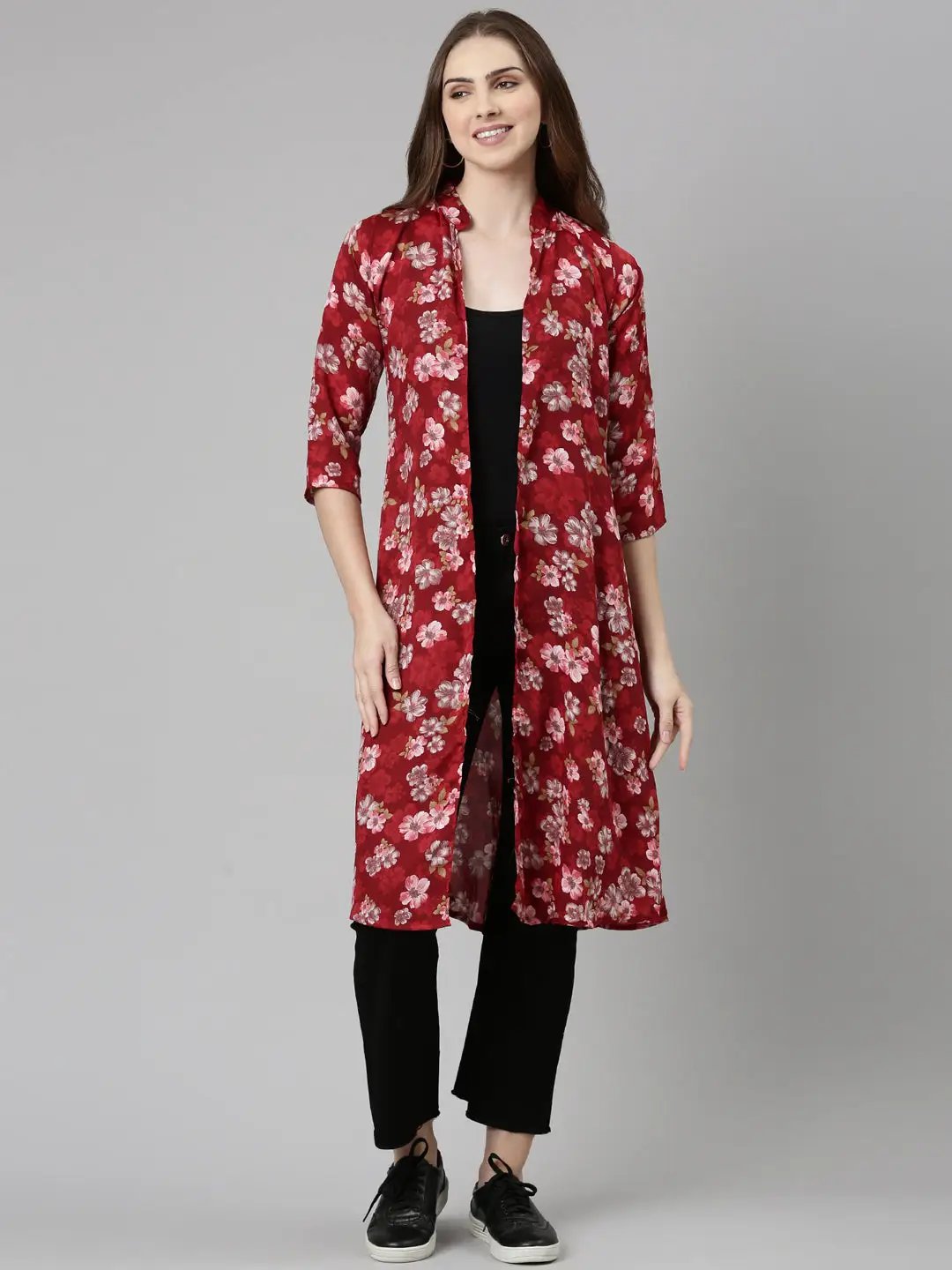 Women's Maroon Printed Longline Shrug