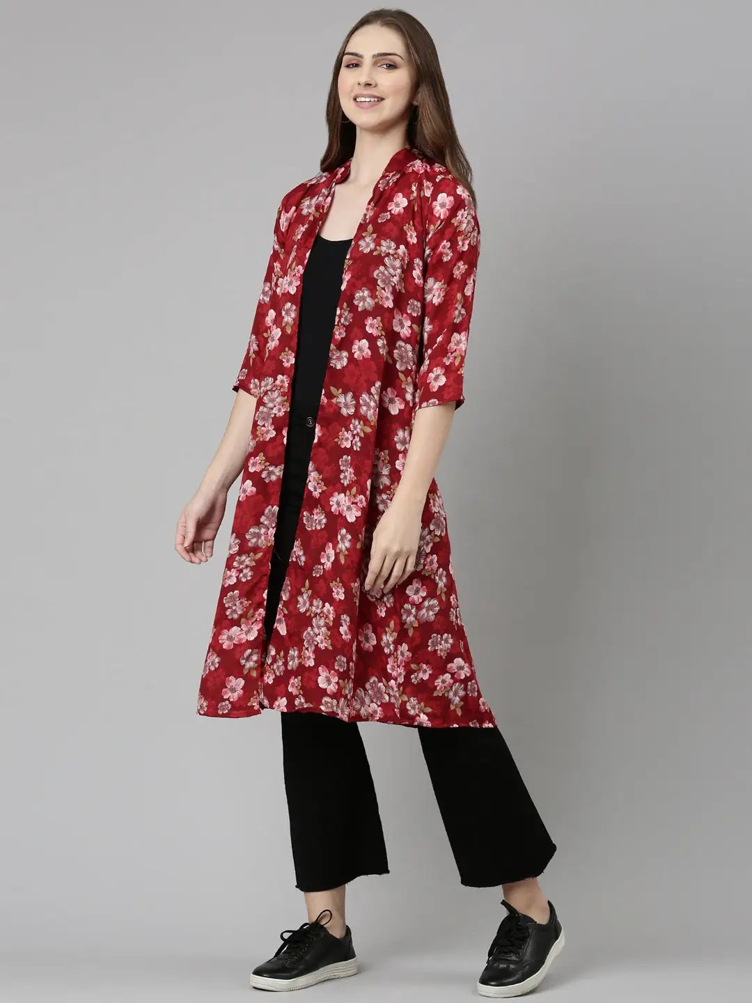 Women's Maroon Printed Longline Shrug