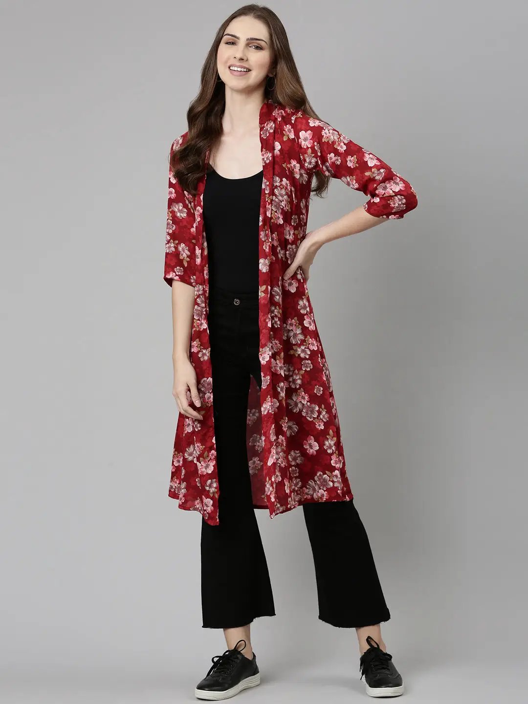 Women's Maroon Printed Longline Shrug