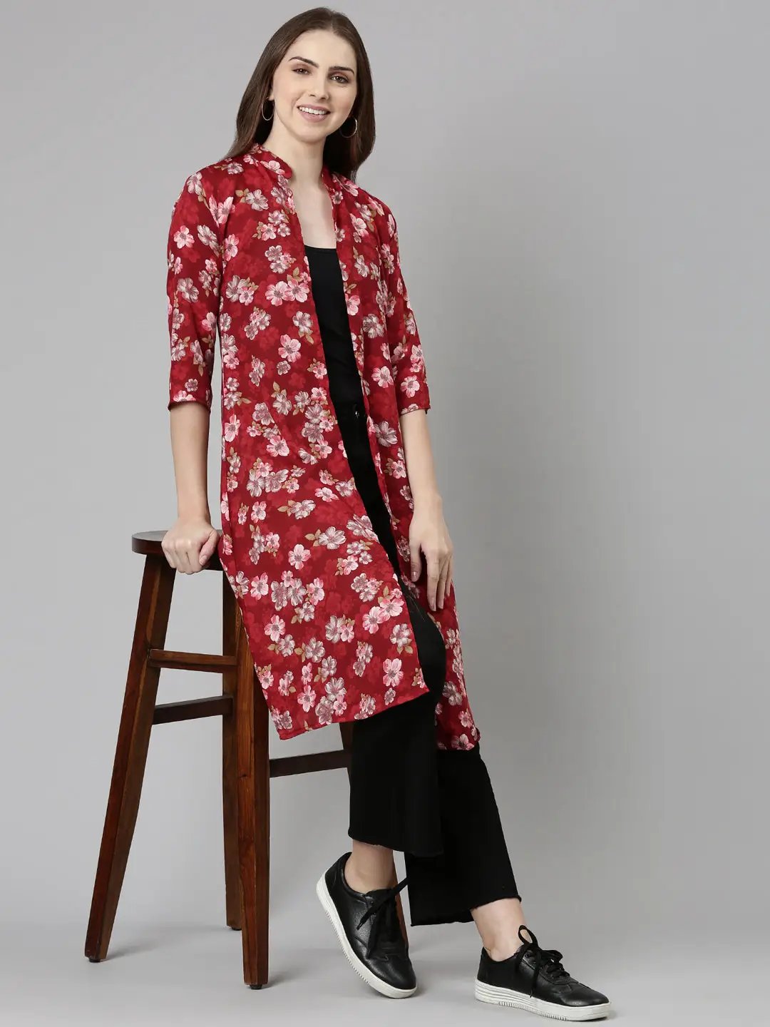 Women's Maroon Printed Longline Shrug